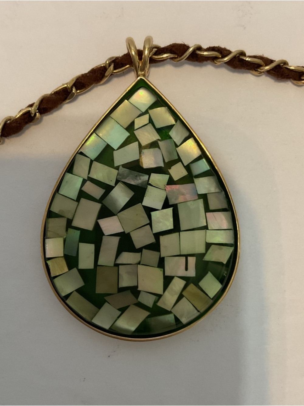 Vintage Monet Teardrop Abalone
Mosaic Pendant Necklace Green Festival Coachella
